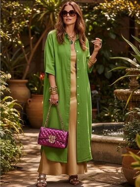 Green Maxi Shirt Dress with Gold Slip - Womens Maxi Dress